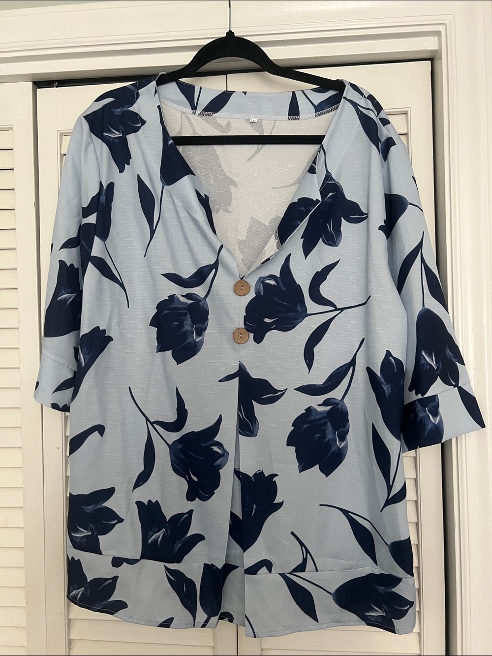 Light Blue Floral V-Neck Button Front Top